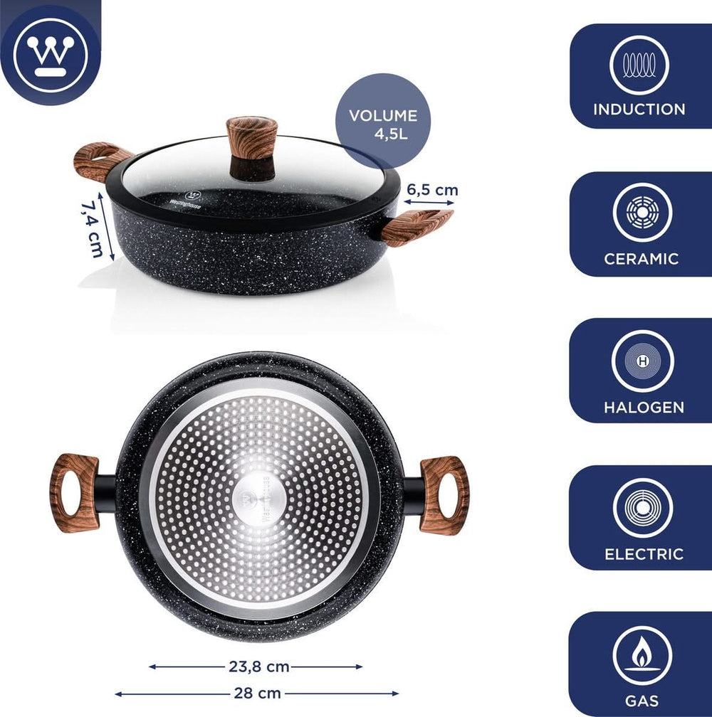 Westinghouse Pannenset Marble Wood (Wokpan ø 30 cm + Braadpan + Hapjespan ø 28 cm) - Inductie en alle andere warmtebronnen