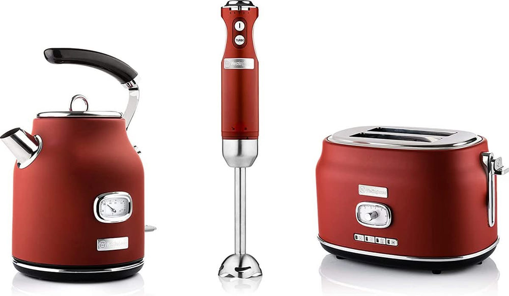 Westinghouse Retro Waterkoker + Broodrooster 2 Sleuven + Staafmixer - Rood