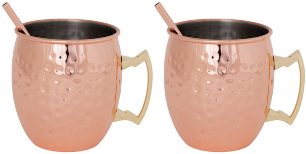 Cosy & Trendy Moscow Mule Cocktailbekers met Rietjes - Gehamerd Koper - 450 ml - 2 Stuks
