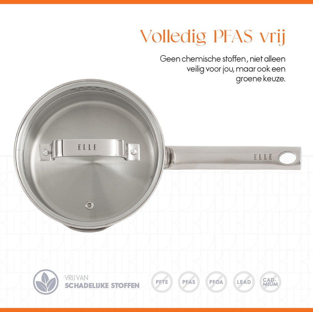 ELLE Gourmet Moderne Steelpan met Deksel - Ø 16 cm  - Zonder anti-aanbaklaag - RVS