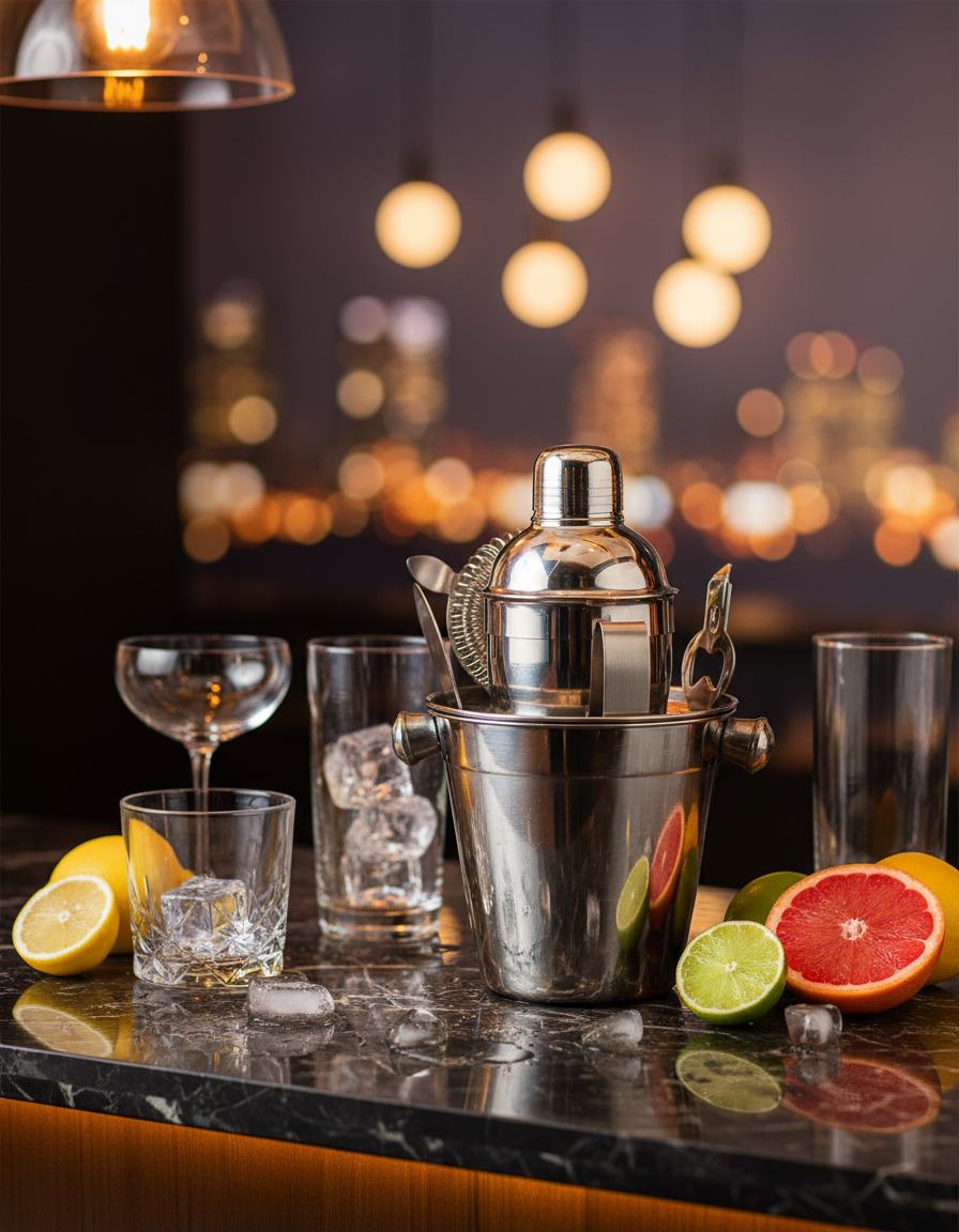 Cookinglife Barset RVS 6-Delig - Cocktailshaker, Ijsemmer, Zeef, Flesopener, Tang en Mes