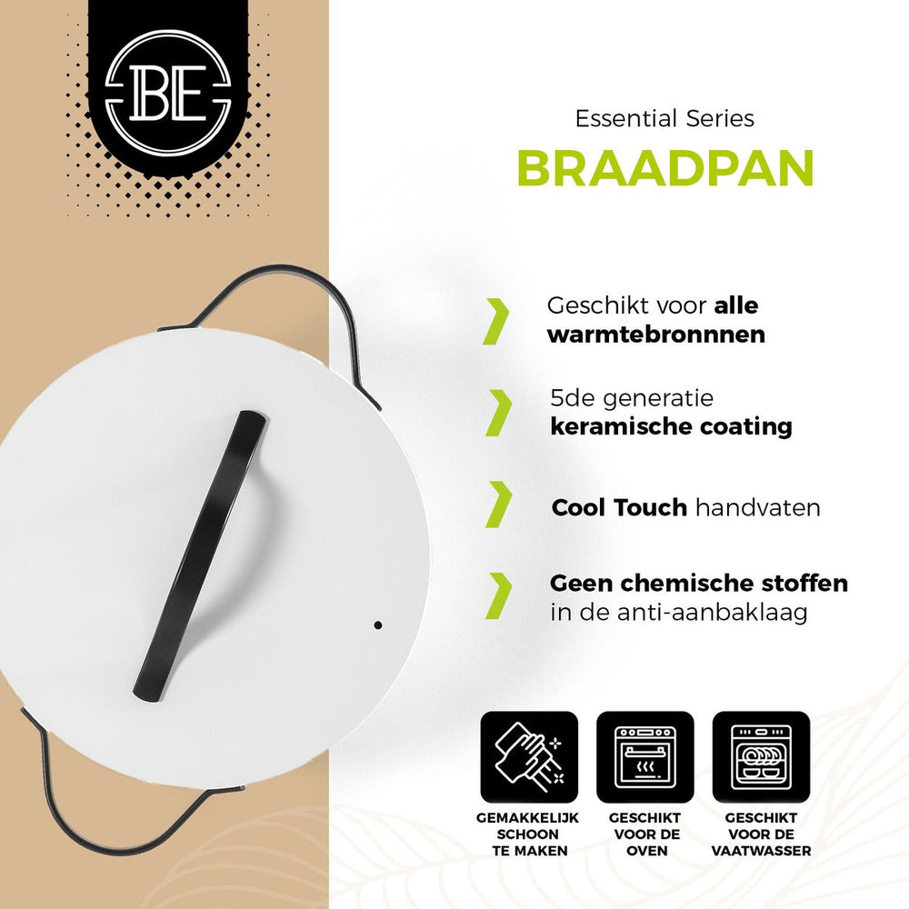 BE Living Braadpan met Deksel - Ø 28 cm - Keramische anti-aanbaklaag - Geschikt voor alle warmtebronnen - Wit