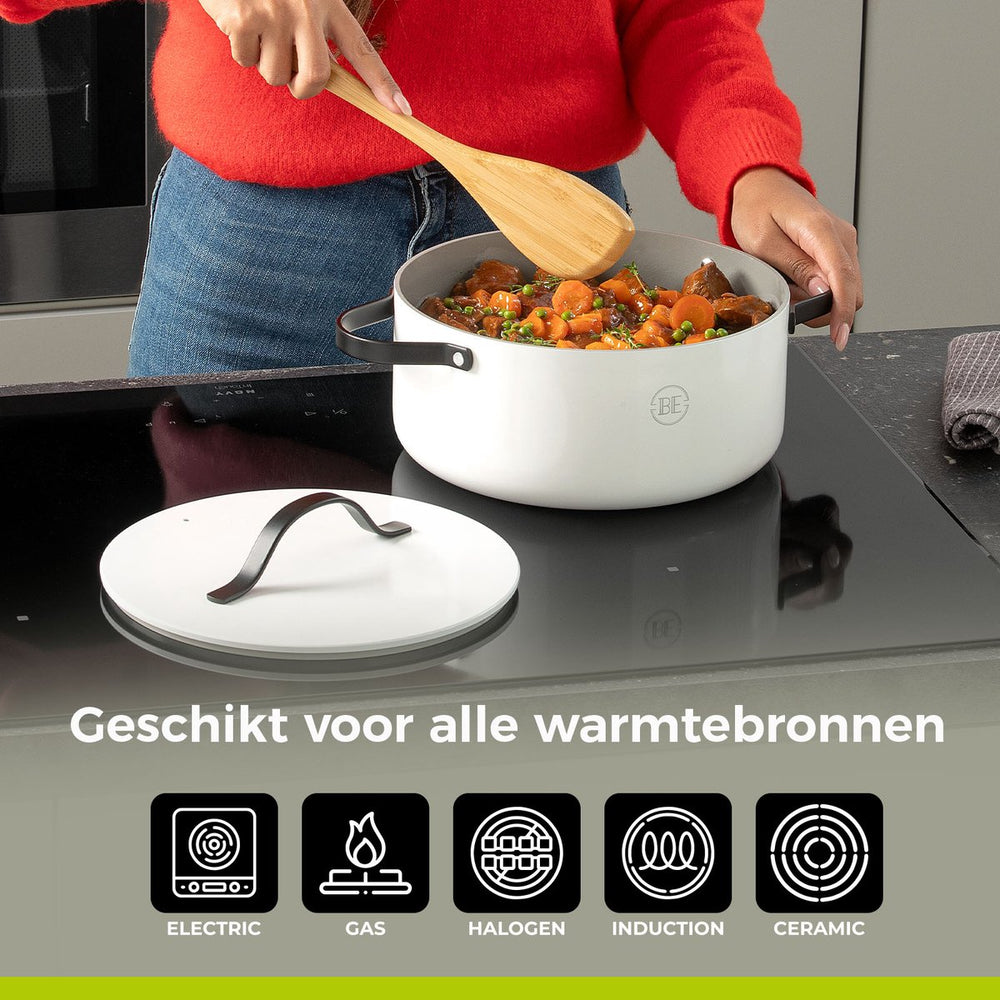 BE Living Braadpan met Deksel - Ø 28 cm - Keramische anti-aanbaklaag - Geschikt voor alle warmtebronnen - Wit