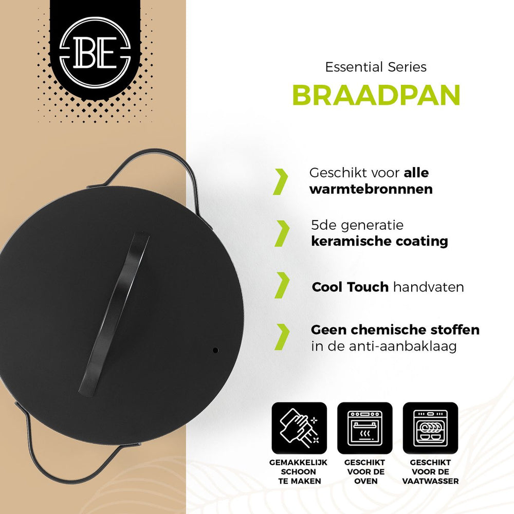 BE Living Braadpan met Deksel - Ø 28 cm - Keramische anti-aanbaklaag - Geschikt voor alle warmtebronnen - Zwart