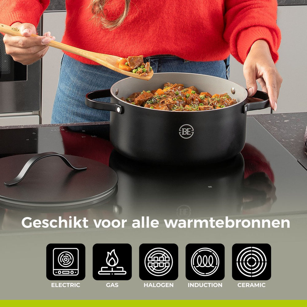 BE Living Braadpan met Deksel - Ø 28 cm - Keramische anti-aanbaklaag - Geschikt voor alle warmtebronnen - Zwart