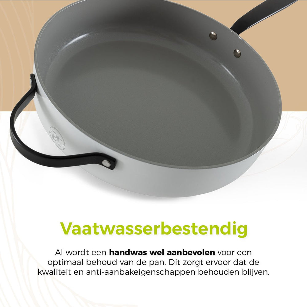 BE Living Hapjespan met Deksel - Ø 28cm - Keramische anti-aanbaklaag - PFAS vrij - Geschikt voor alle warmtebronnen - Wit