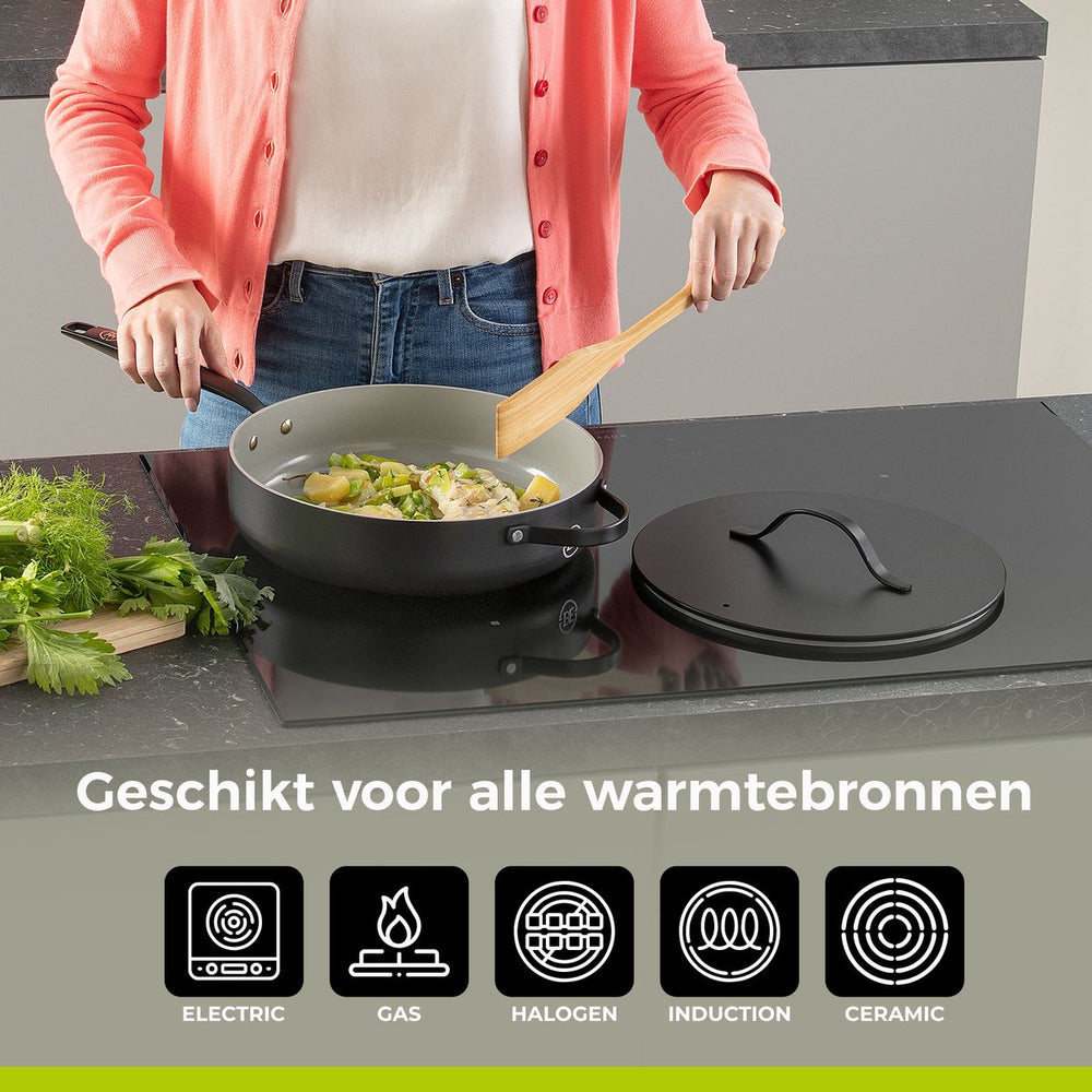 BE Living Hapjespan met Deksel - Ø 28cm - Keramische anti-aanbaklaag - PFAS vrij - Geschikt voor alle warmtebronnen - Zwart