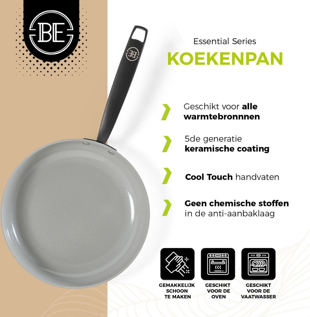 BE Living Koekenpan - Ø 28 cm - Keramische anti-aanbaklaag - PFAS vrij - Geschikt voor alle warmtebronnen - Grijs