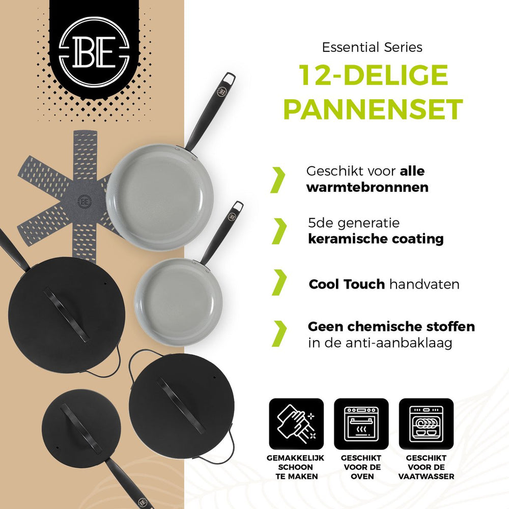 BE Living Pannenset - 12-delig - Essential - Keramische anti-aanbaklaag - Geschikt voor alle warmtebronnen - Zwart