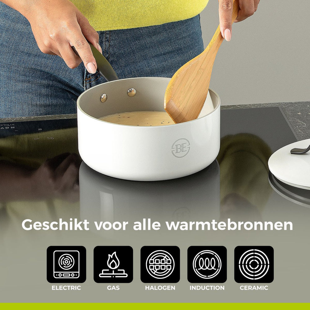 BE Living Steelpan met Deksel - Ø 18cm - Keramische anti-aanbaklaag - PFAS vrij - Geschikt voor alle warmtebronnen - Wit