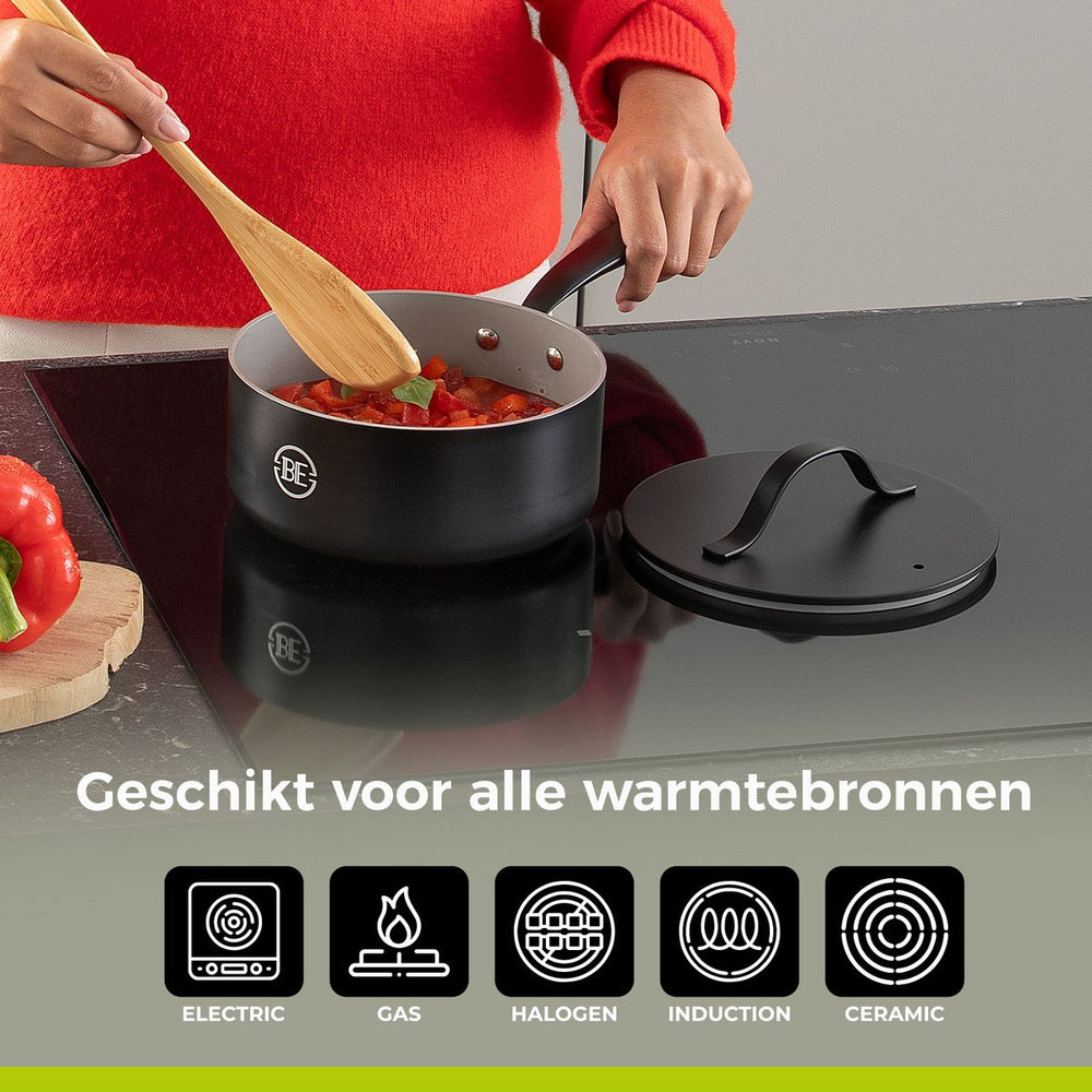 BE Living Steelpan met Deksel - Ø 18cm - Keramische anti-aanbaklaag - PFAS vrij - Geschikt voor alle warmtebronnen - Zwart