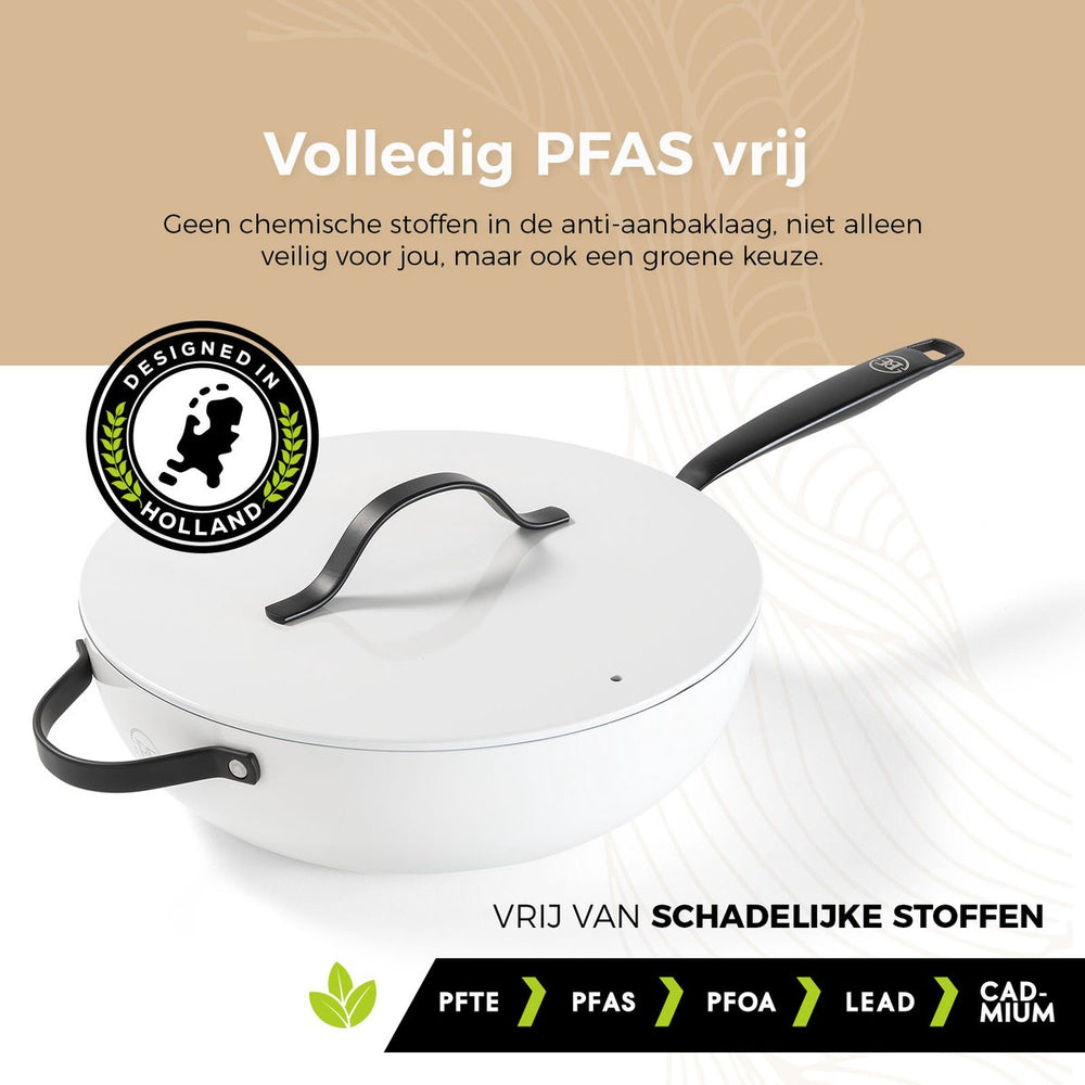 BE Living Wokpan met Deksel - Ø 30 cm - Keramische anti-aanbaklaag - PFAS vrij - Geschikt voor alle warmtebronnen - Wit