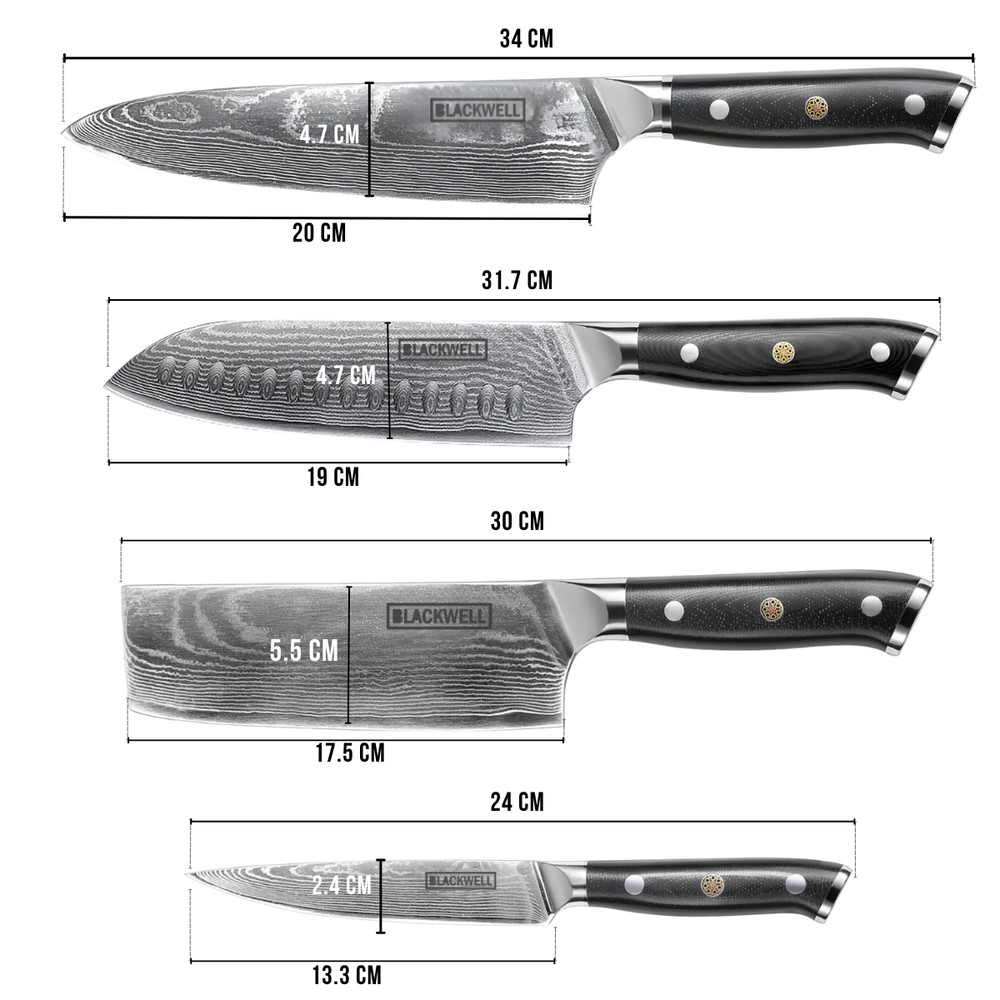 Blackwell Messenset (Koksmes + Santokumes + Nakirimes + Officemes) - Japanse stijl - 67 lagen damaststaal - VG10 - 4-delig