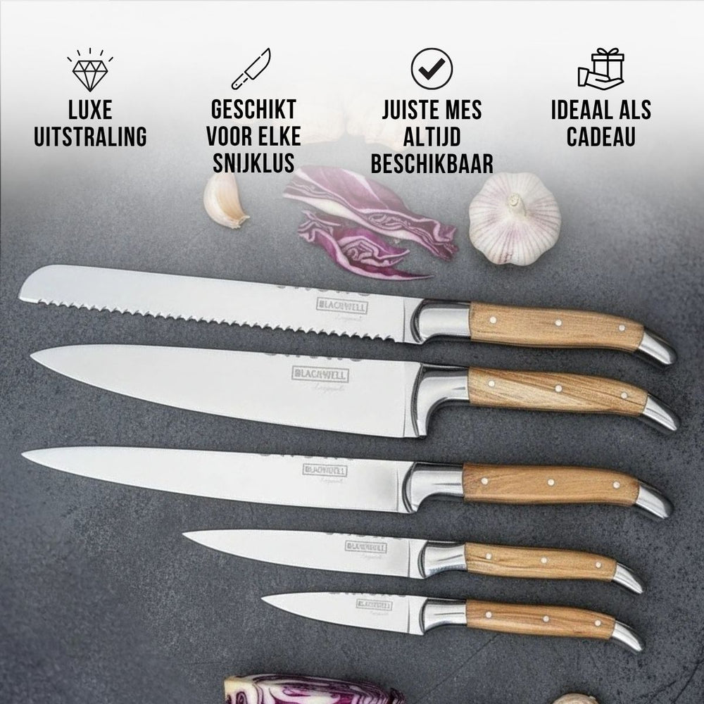 Blackwell Messenblok - Laguiole - Olijfhout - Koksmes, Broodmes, Vleesmes, Officemes & Schilmes 6-delig