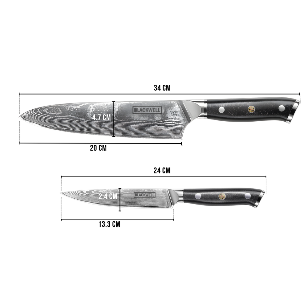 Blackwell Messenset (Koksmes + Officemes) - Japanse stijl - 67 lagen damaststaal - VG10 - 2-delig