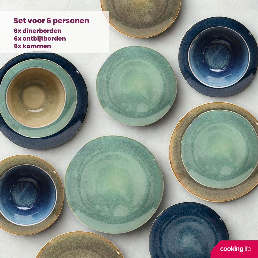 Cookinglife Serviesset Belize - 18-delig / 6 personen - 6 dinerborden ø 25 cm, 6 ontbijtborden ø 21 cm, 6 soepkommen ø 15 cm