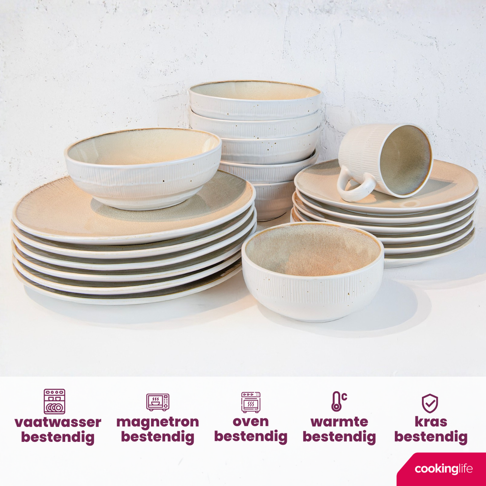 Cookinglife Serviesset Nola Sand reactive glaze 18-delig / 6 personen - 6 dinerborden, 6 ontbijtborden en 6 kommen