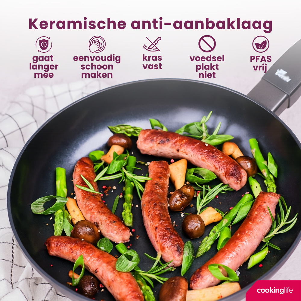 Cookinglife Koekenpan Black Cera - ø 24 cm - keramische anti-aanbaklaag - geschikt voor alle warmtebronnen