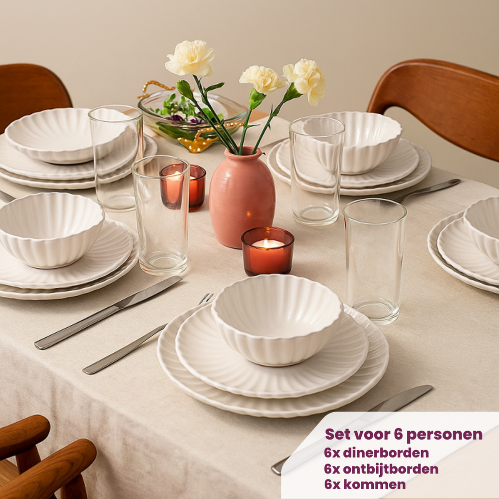 Cookinglife Serviesset Cardida Off White 18-delig / 6 personen - 6 dinerborden, 6 ontbijtborden en 6 kommen