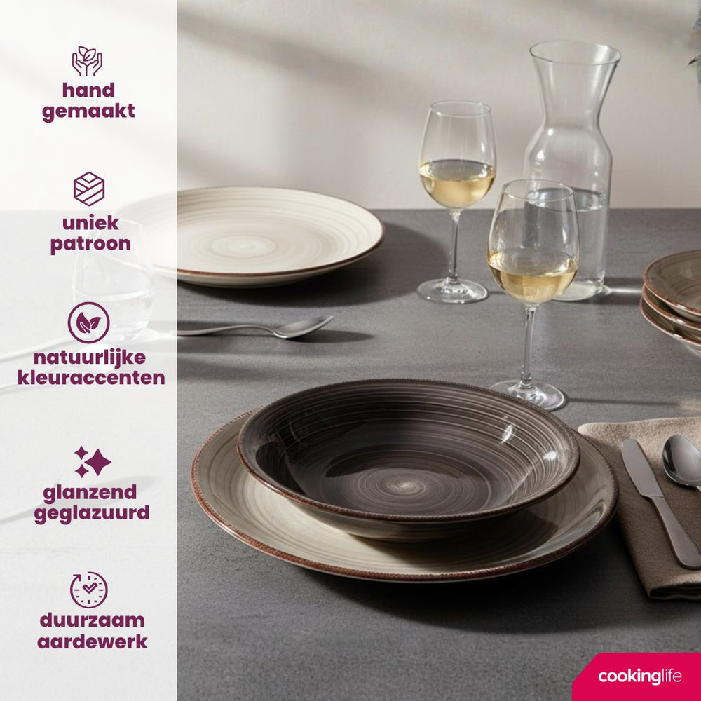 Cookinglife Serviesset Delice Grijs 18-delig / 6 personen - 6 dinerborden, 6 diepe borden en 6 ontbijtborden