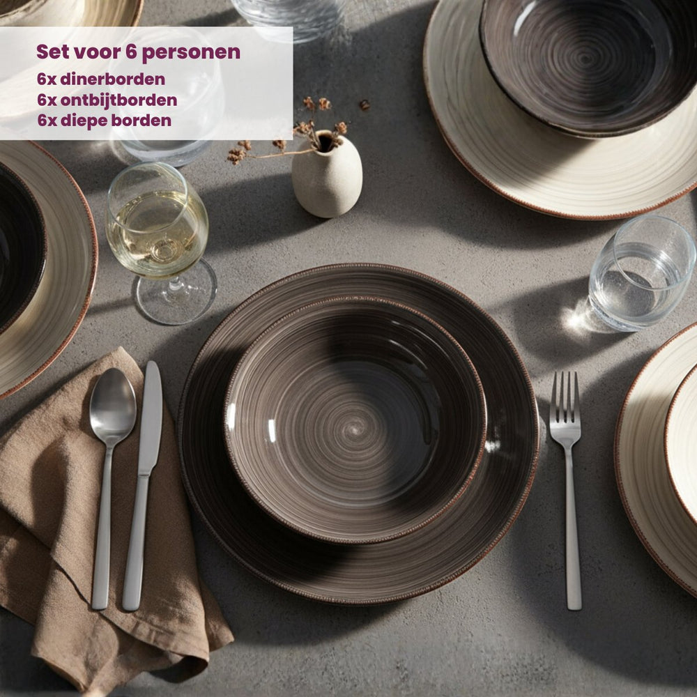 Cookinglife Serviesset Delice Grijs 18-delig / 6 personen - 6 dinerborden, 6 diepe borden en 6 ontbijtborden