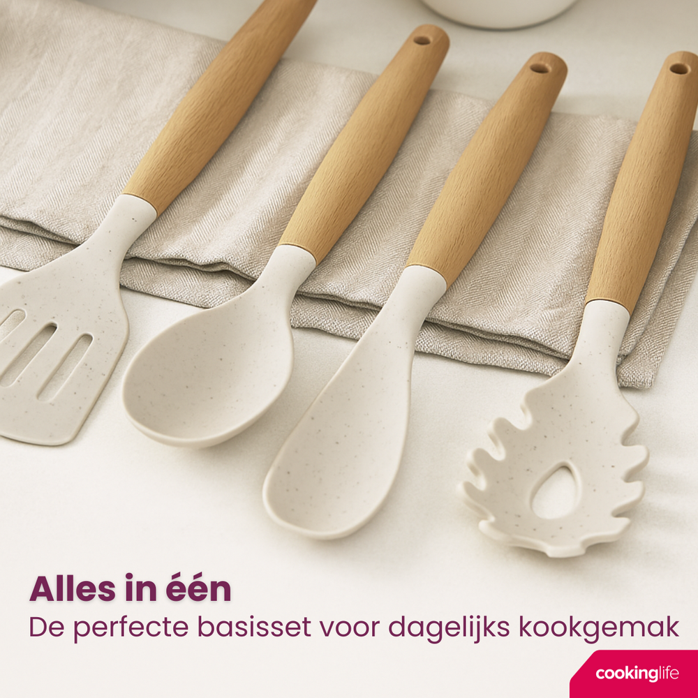 Cookinglife Keukengerei set - Kookgerei set - hout beige 4 delig - Bakspaan, opscheplepel, saladelepel & spaghettilepel