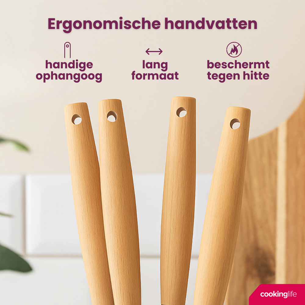 Cookinglife Keukengerei set - Kookgerei set - hout beige 4 delig - Bakspaan, opscheplepel, saladelepel & spaghettilepel