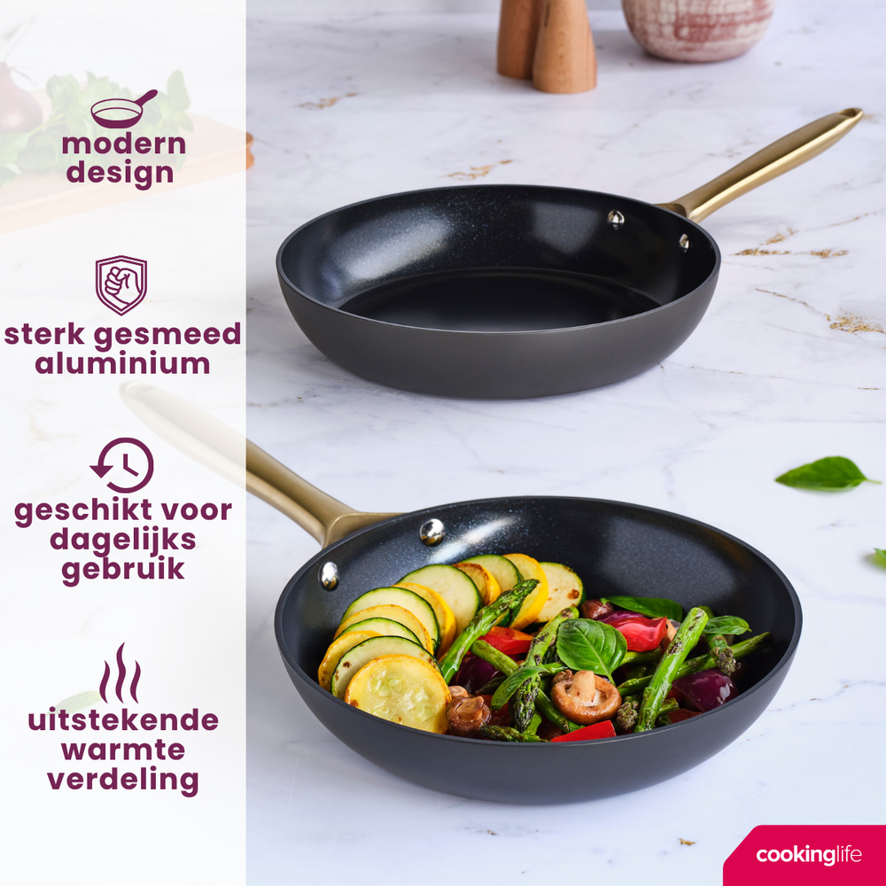 Cookinglife Koekenpannenset Style Zwart - ø 24 & 28 cm - keramische anti-aanbaklaag - geschikt voor alle warmtebronnen