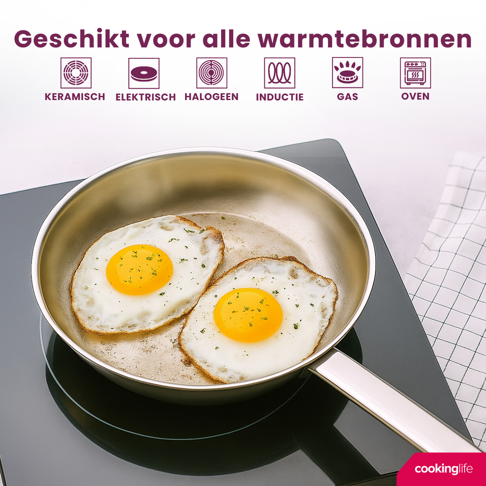 Cookinglife Koekenpan Superior RVS ø 24 cm - zonder anti-aanbaklaag - geschikt voor alle wartmebronnen - PFAS-vrij