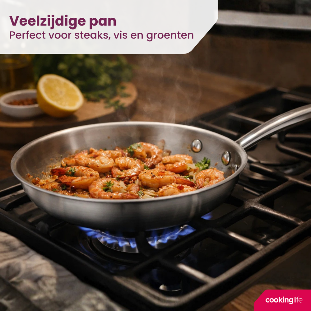 Cookinglife Koekenpan Superior Triply RVS ø 28 cm - geschikt voor alle warmtebronnen - zonder anti-aanbaklaag