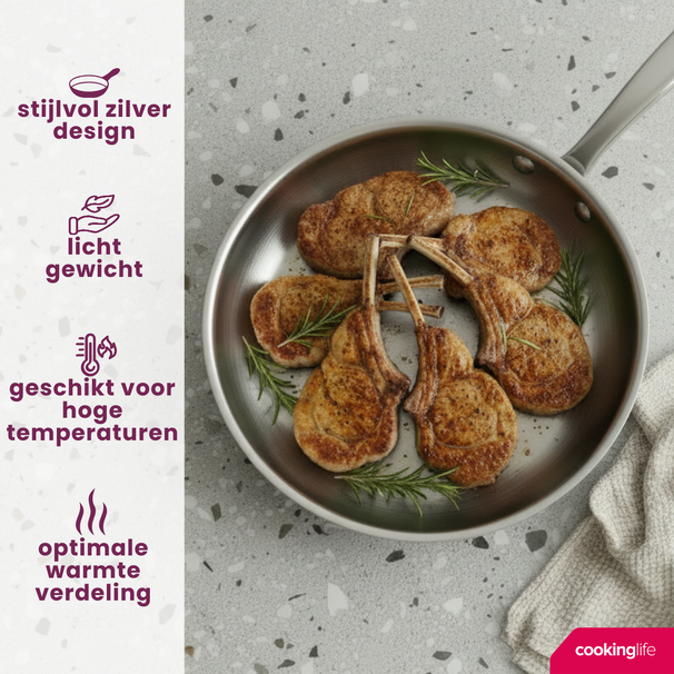 Cookinglife Koekenpan Superior Triply RVS ø 28 cm - geschikt voor alle warmtebronnen - zonder anti-aanbaklaag