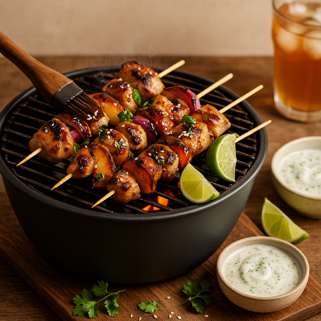 Snelle, zomerse spiesen die perfect zijn voor een tafelbarbecue: malse kip met een lichte sojahoninglek, gegrilde perzik en frisse limoen-yoghurtsaus. Ideaal als hoofdgerecht of om te delen bij borrelhapjes aan tafel.