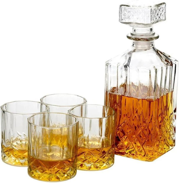 Cookinglife Whiskey Set, Whiskey Karaf 900 ml + 4 Whiskey Glazen 230 ml