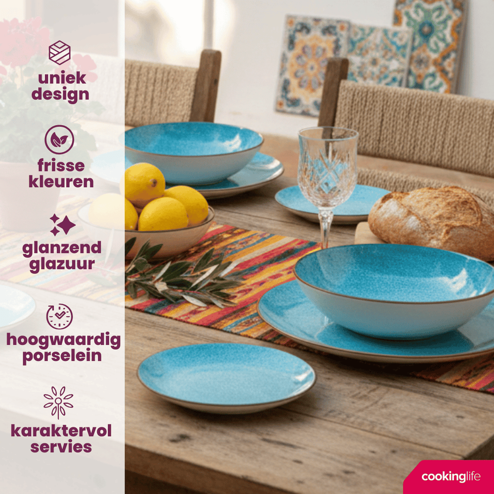 Cookinglife Serviesset Tela Blauw Porselein 12-delig / 4 pesonen - 4 dinerborden, 4 ontbijtborden en 4 diepe borden