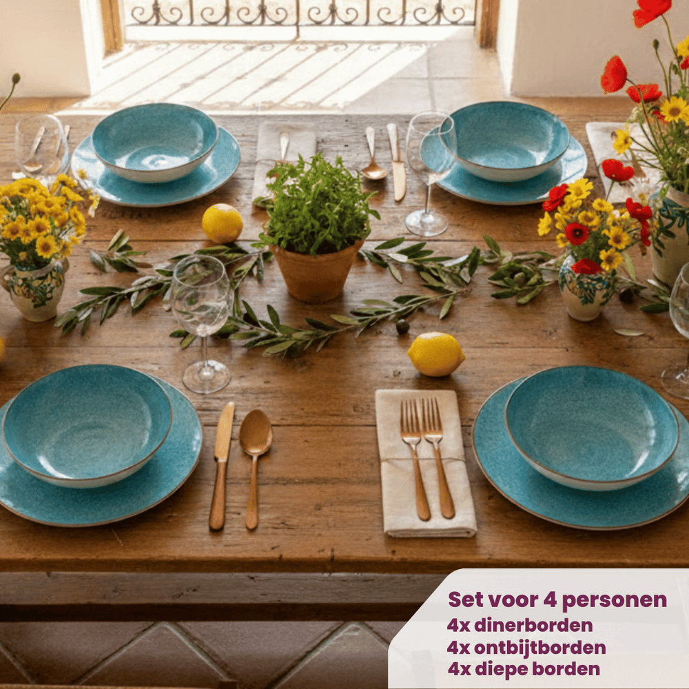 Cookinglife Serviesset Tela Blauw Porselein 12-delig / 4 pesonen - 4 dinerborden, 4 ontbijtborden en 4 diepe borden