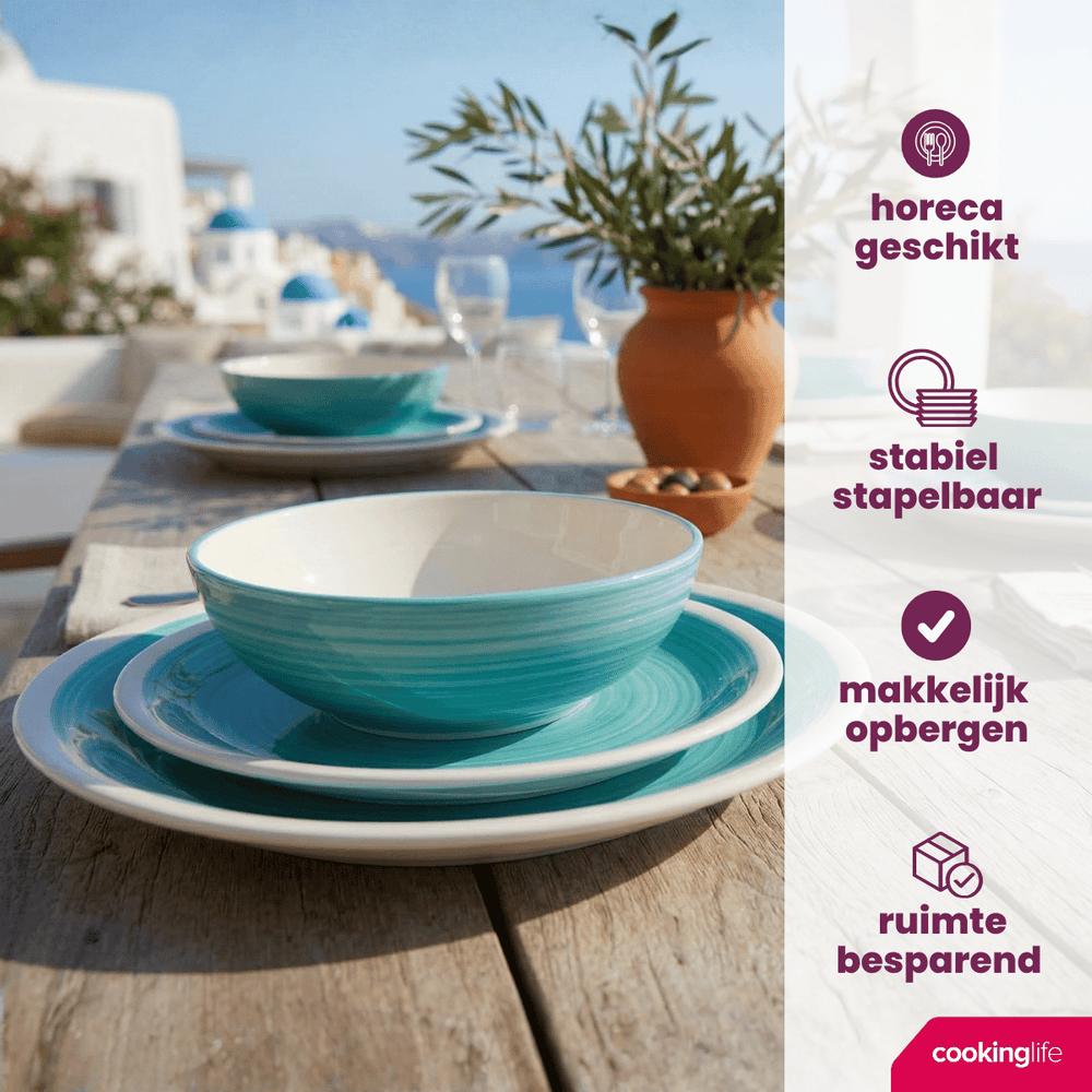 Cookinglife Serviesset Oceanico Turquoise 24-delig / 8 Personen - 8 dinerborden, 8 ontbijtborden en 8 kommen
