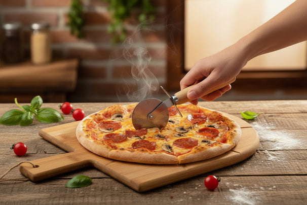 Pizza set Bamboe - Pizzaplank 43 x 30 cm, Pizzasnijder & Pizzames - Cookinglife