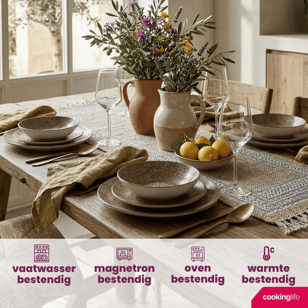 Cookinglife Serviesset Tela Bruin Porselein 12-delig / 4 personen - 4 dinerborden, 4 ontbijtborden en 4 diepe borden