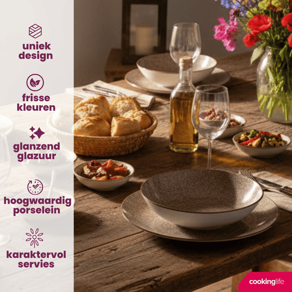Cookinglife Serviesset Tela Bruin Porselein 12-delig / 4 pesonen - 4 dinerborden, 4 ontbijtborden en 4 diepe borden