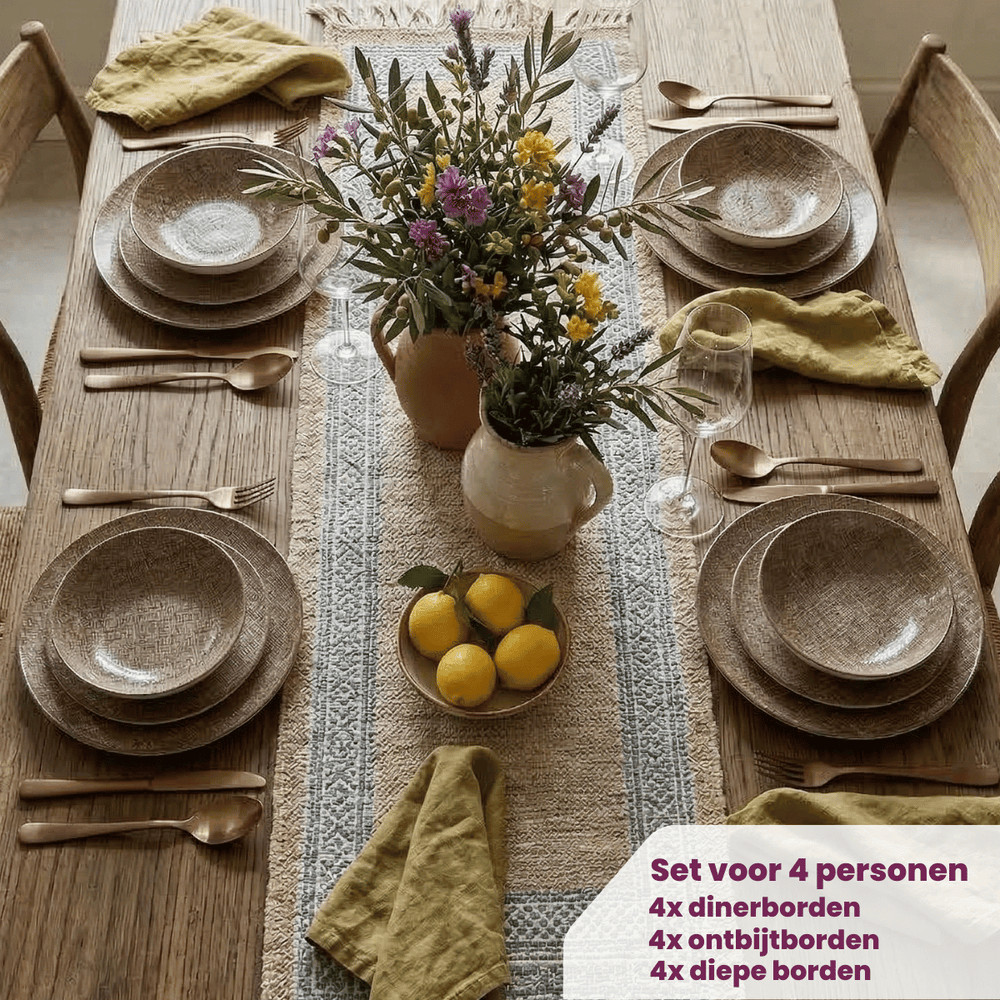 Cookinglife Serviesset Tela Bruin Porselein 12-delig / 4 pesonen - 4 dinerborden, 4 ontbijtborden en 4 diepe borden