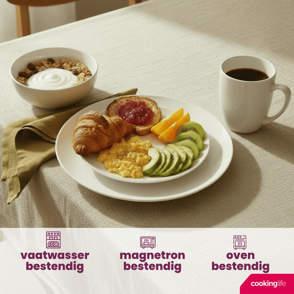 Cookinglife Serviesset Aardewerk Wit 16-delig / 4 personen - 4 dinerboren, 4 ontbijtborden, 4 kommen en 4 mokken