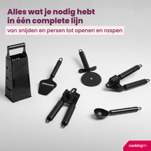 Cookinglife Keukengerei Set Zwart - 6-delig - Torenrasp, Knoflookpers, Blikopener, Pizzasnijder, Kaasschaaf & IJschep