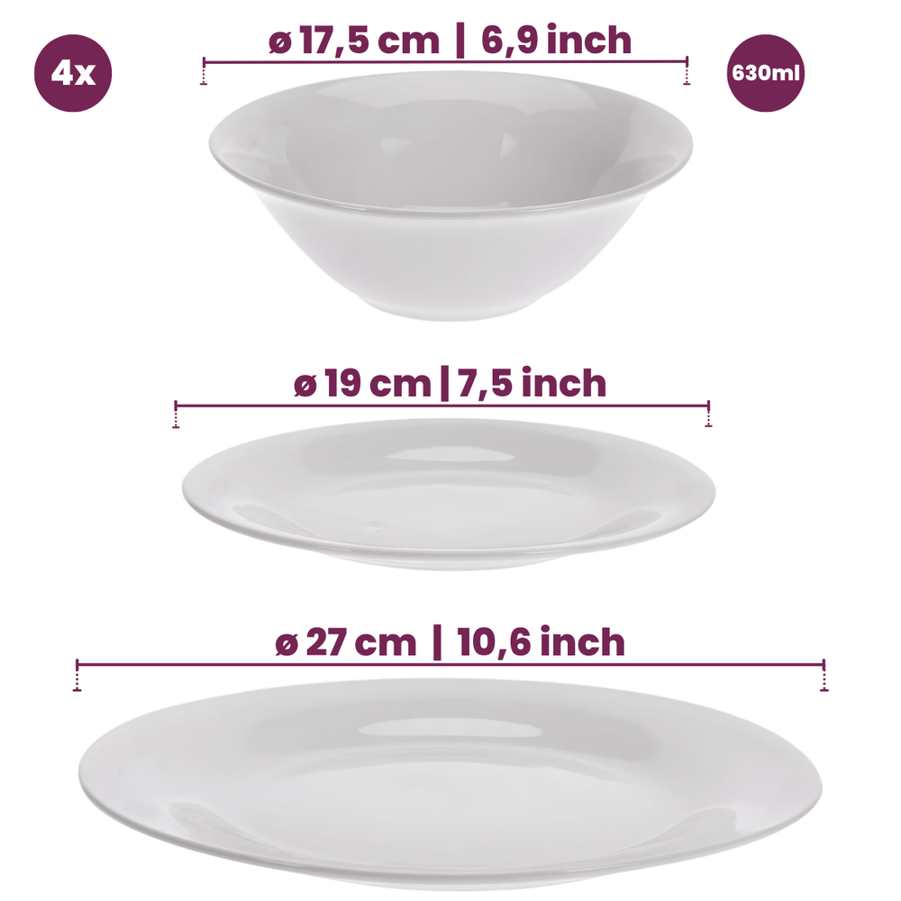 Cookinglife Serviesset Porselein Wit 36-delig / 4 personen - 4 dinerborden, 4 ontbijtborden, 4 kommen, 4 mokken, 4 waterglazen en 4 besteksetjes