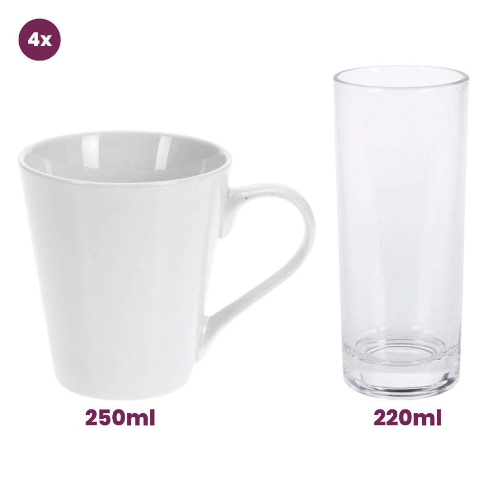 Cookinglife Serviesset Porselein Wit 36-delig / 4 personen - 4 dinerborden, 4 ontbijtborden, 4 kommen, 4 mokken, 4 waterglazen en 4 besteksetjes