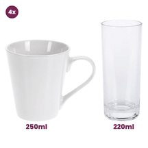 Cookinglife Serviesset Porselein Wit 36-delig / 4 personen - 4 dinerborden, 4 ontbijtborden, 4 kommen, 4 mokken, 4 waterglazen en 4 besteksetjes