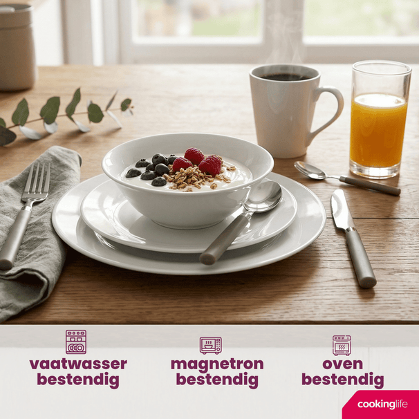Cookinglife Serviesset Porselein Wit 36-delig / 4 personen - 4 dinerborden, 4 ontbijtborden, 4 kommen, 4 mokken, 4 waterglazen en 4 besteksetjes