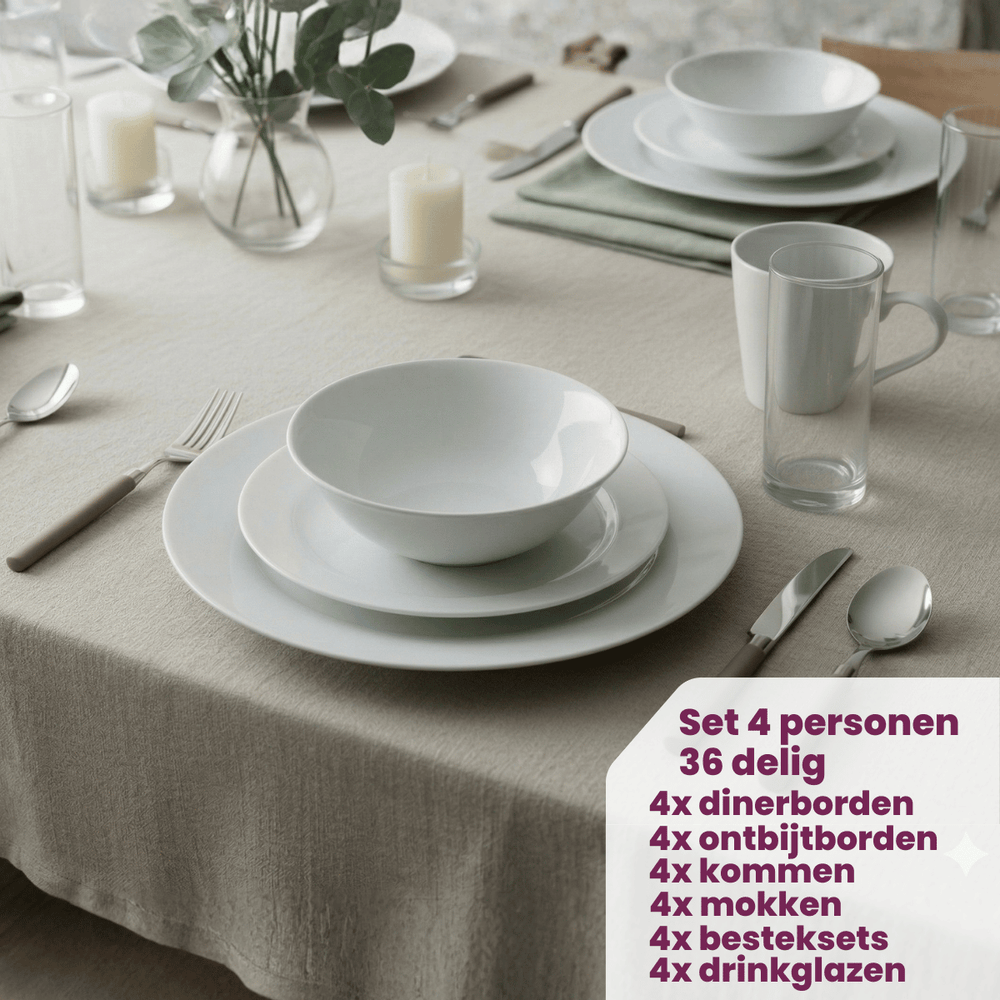 Cookinglife Serviesset Porselein Wit 36-delig / 4 personen - 4 dinerborden, 4 ontbijtborden, 4 kommen, 4 mokken, 4 waterglazen en 4 besteksetjes