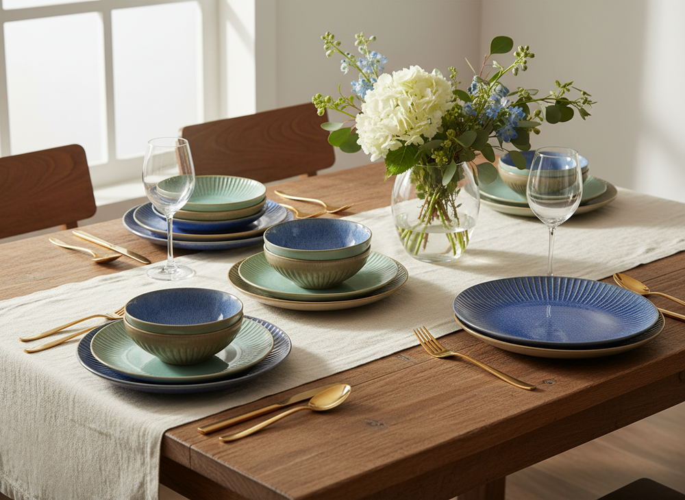 Cookinglife Serviesset Aqua Maris 18-delig / 6 personen - 6 dinerborden, 6 ontbijtborden en 6 kommen