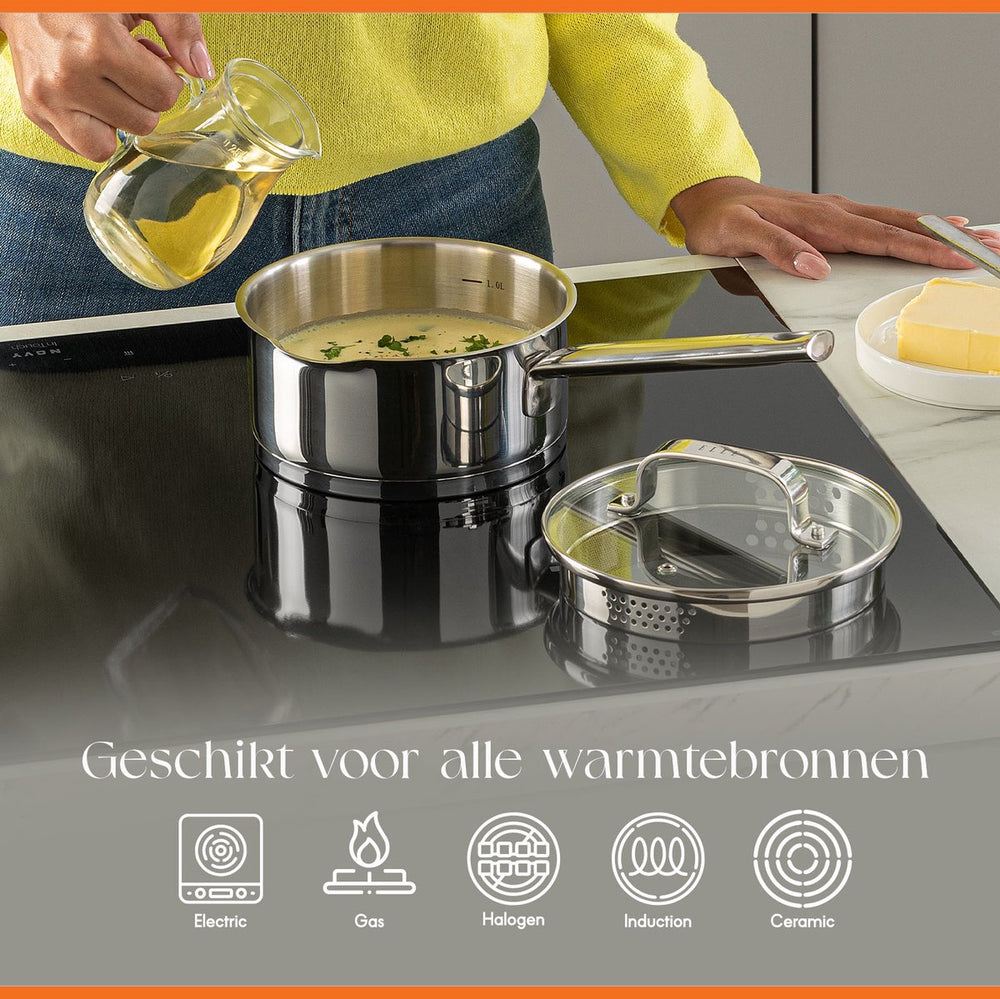 ELLE Gourmet Moderne Steelpan met Deksel - Ø 16 cm  - Zonder anti-aanbaklaag - RVS