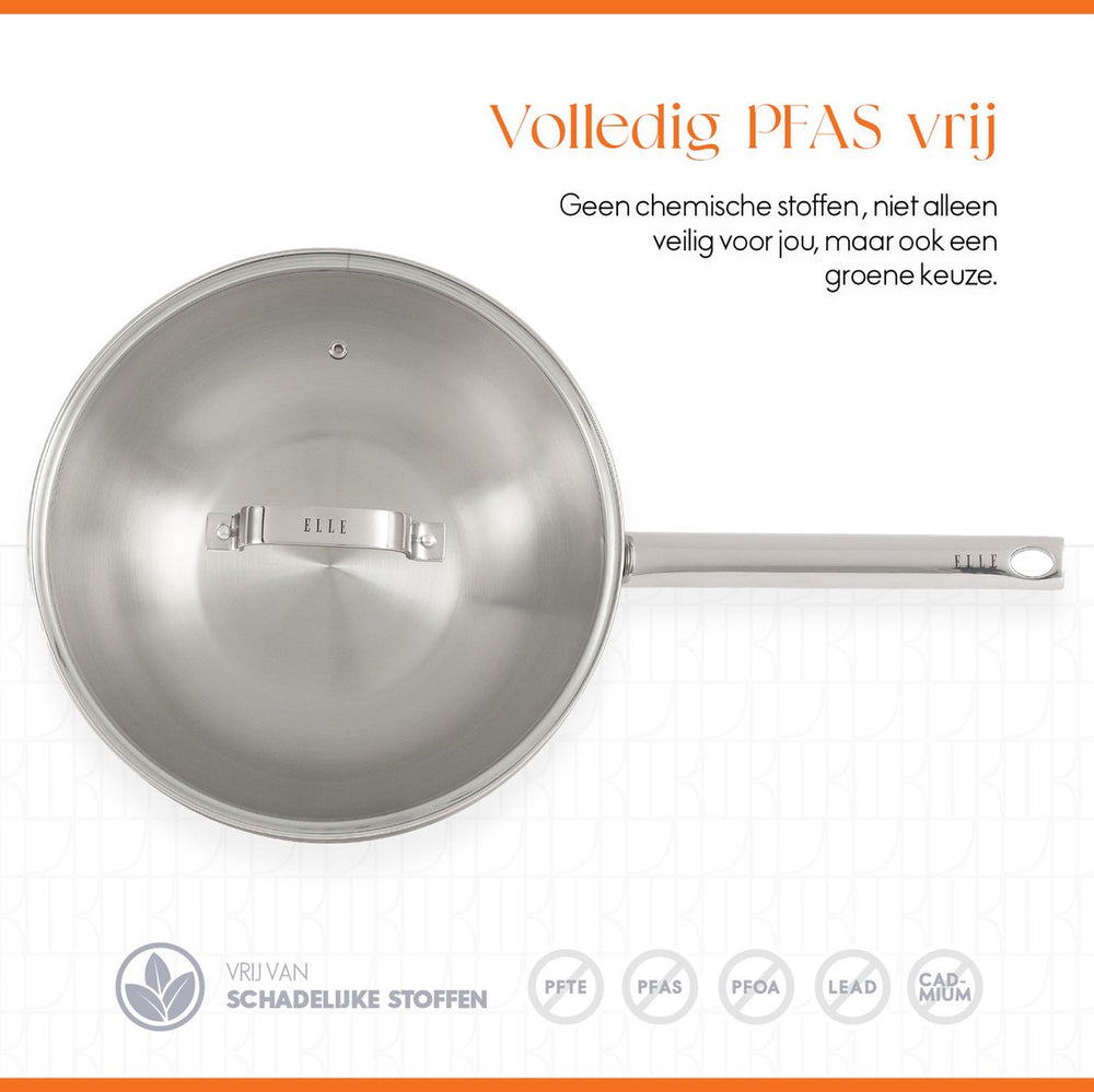 ELLE Gourmet Moderne Wokpan met Deksel - Ø 28 cm  - Zonder anti-aanbaklaag - RVS